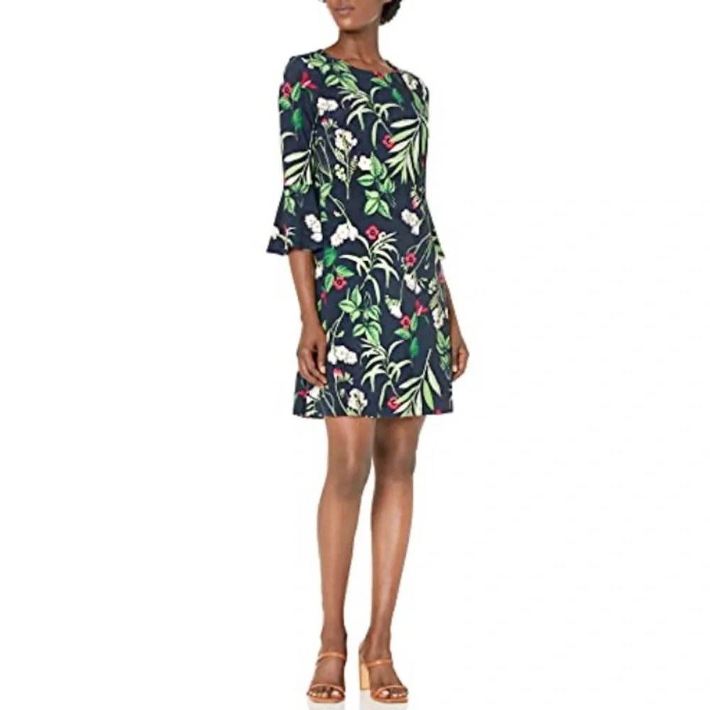 Tommy Hilfiger Floral Bell Sleeve Sky Captain Fern Blue Green Dress Size 16 - Picture 1 of 16
